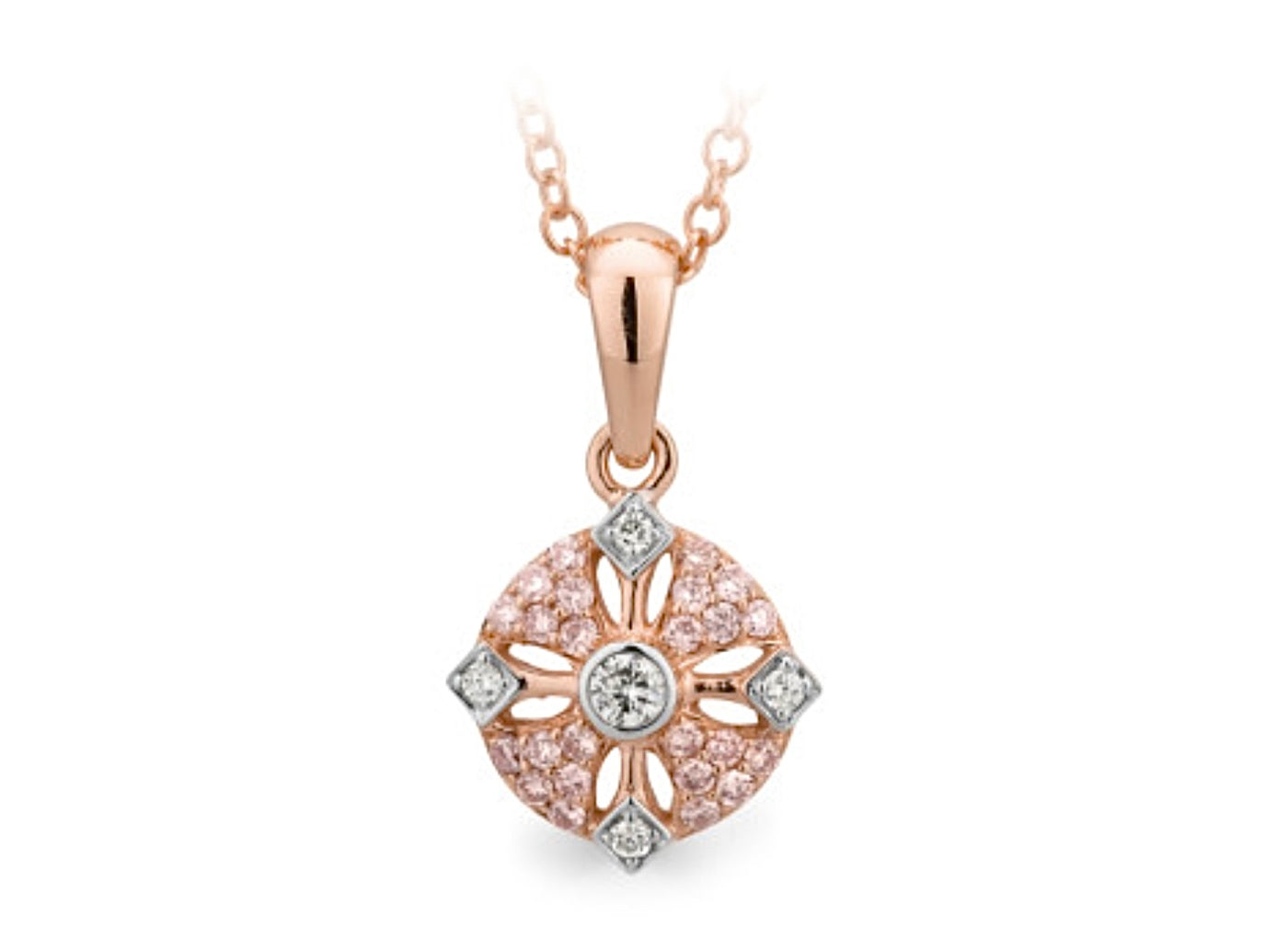 9K Rose Gold Filigree Pendant with Pink Diamonds