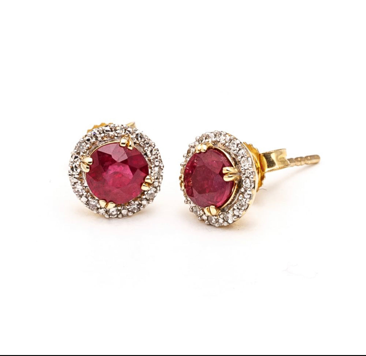 9K Gold Ruby round stud earrings with natural Diamonds