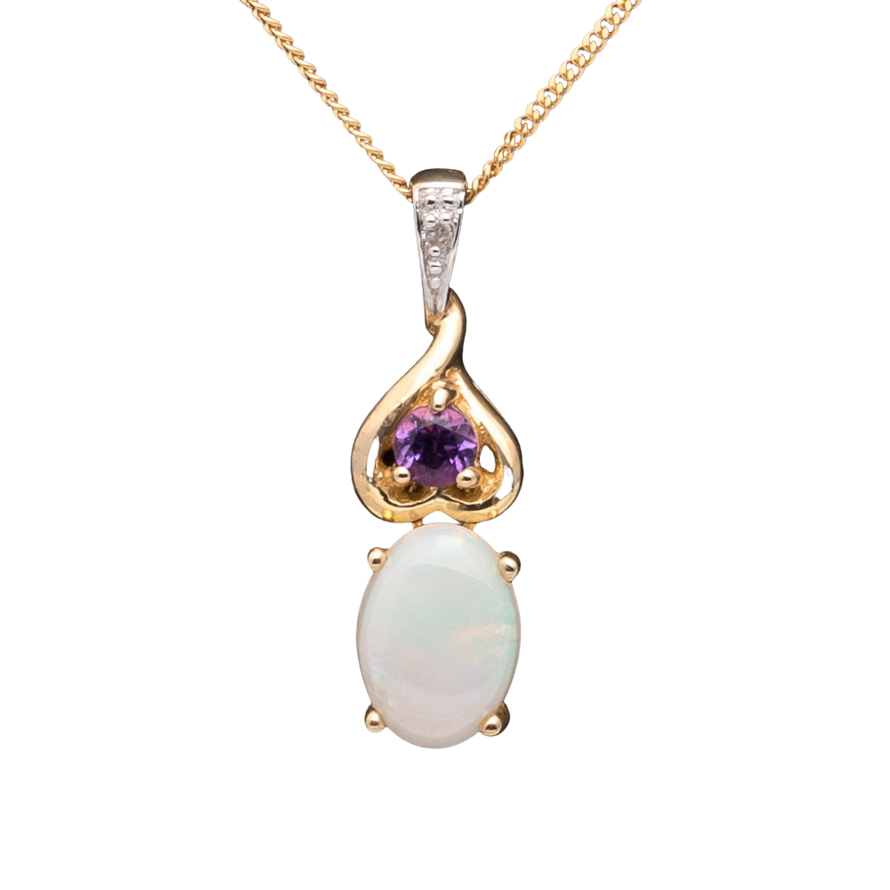 9K Yellow Gold White Opal Pendant with round Amethyst