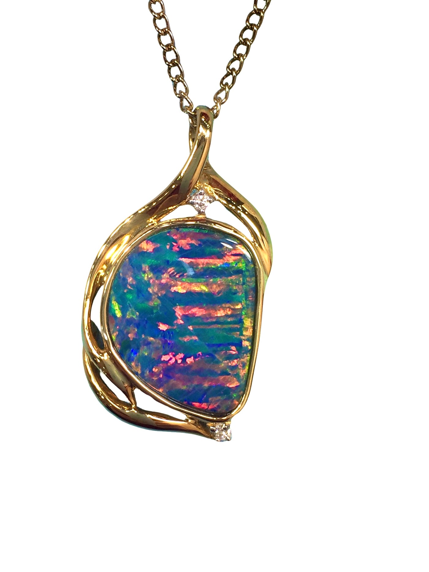 18K Yellow Gold Doublett Blue Opal with Natural Diamond
