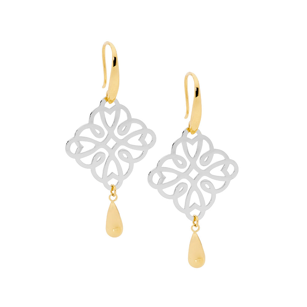 Stainless Steel Gold Plated Square Filigree Earrings
