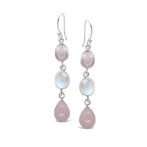 .925 Sterling Silver Rose Quartz/Moonstone Earring 58mm Drop