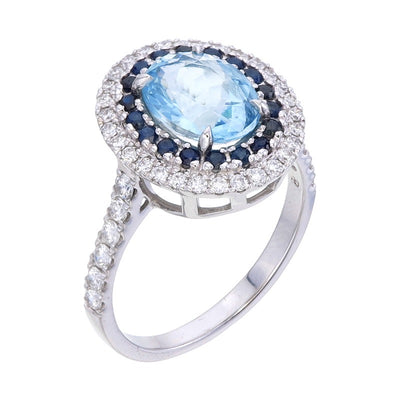 9k White Gold Aquamarine, Saphire and Lab Diamond Ring