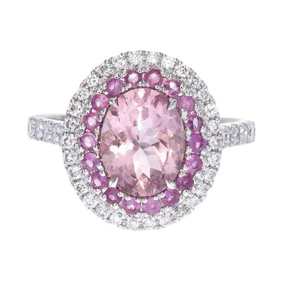 9k White gold Morganite, Rubies and Lab Grown Diamond Ring
