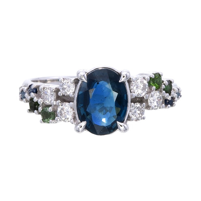 9k White gold Montana Sapphire & lab grown diamond Ring