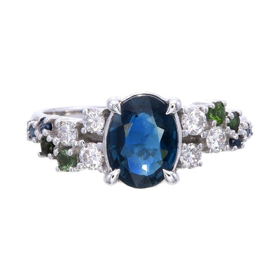 9k White gold Montana Sapphire & lab grown diamond Ring