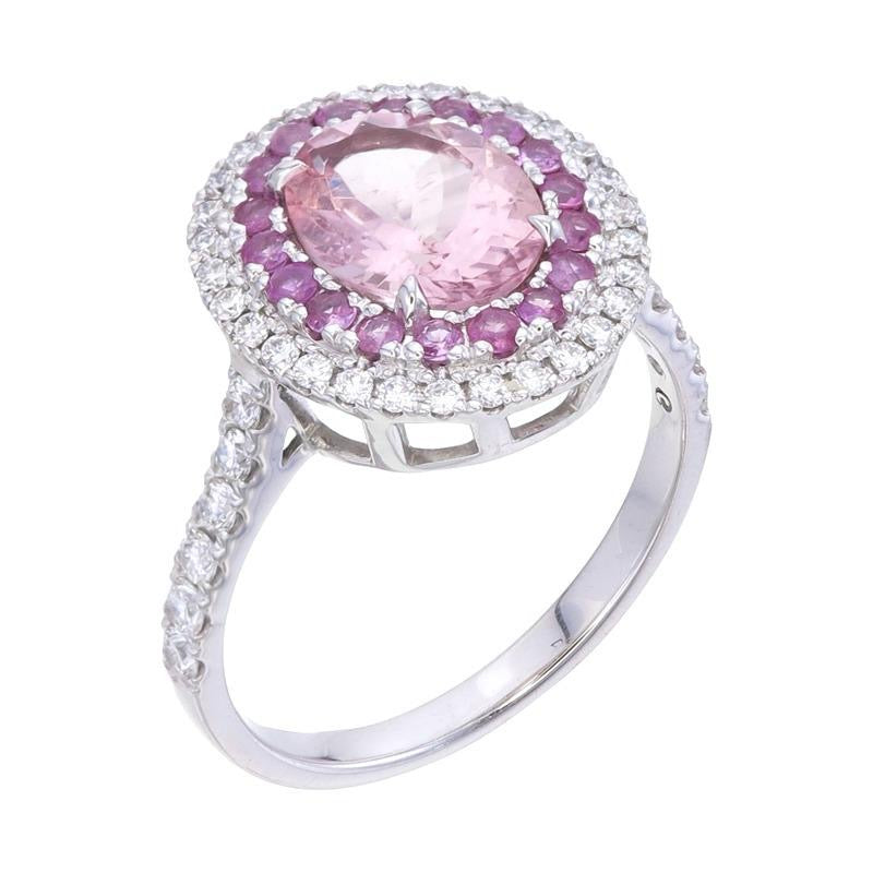 9k White gold Morganite, Rubies and Lab Grown Diamond Ring