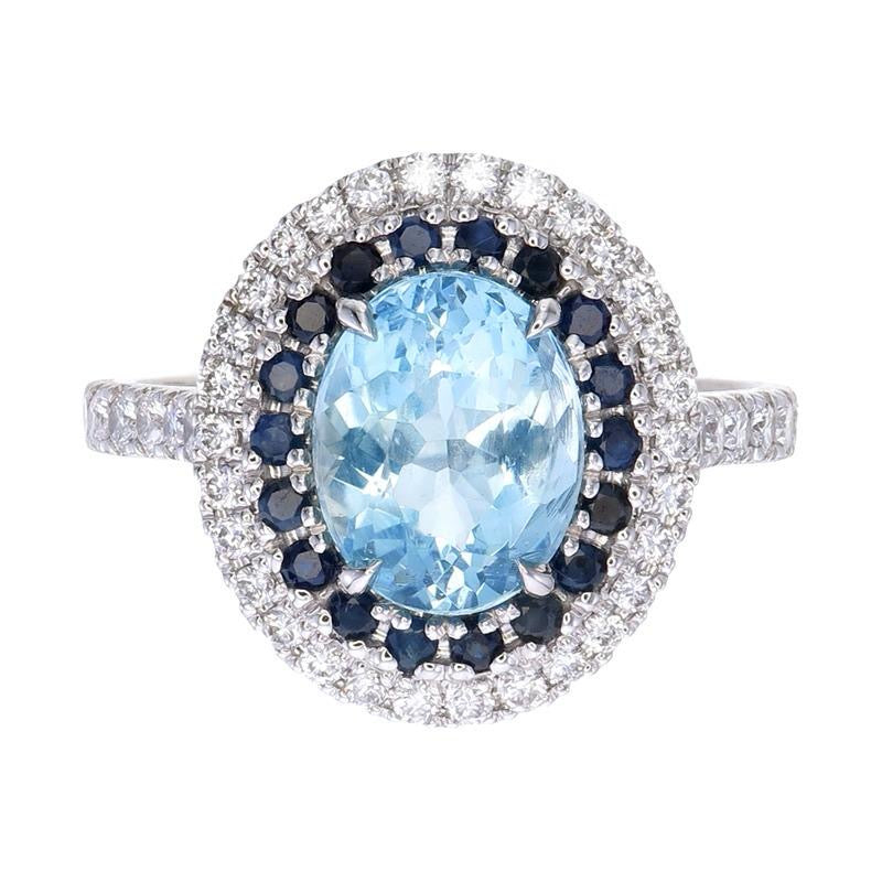 9k White Gold Aquamarine, Saphire and Lab Diamond Ring