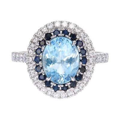 9k White Gold Aquamarine, Saphire and Lab Diamond Ring