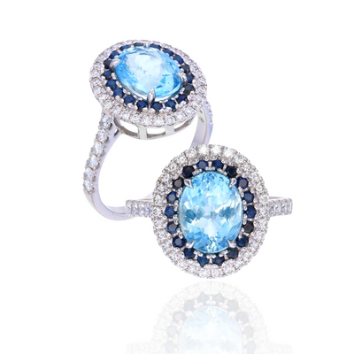 9k White Gold Aquamarine, Saphire and Lab Diamond Ring