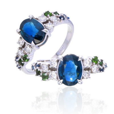 9k White gold Montana Sapphire & lab grown diamond Ring