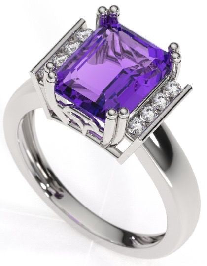 18 kw Dress R1+1 Emerald Cut Natural Amethyst & lab grown diamond Ring