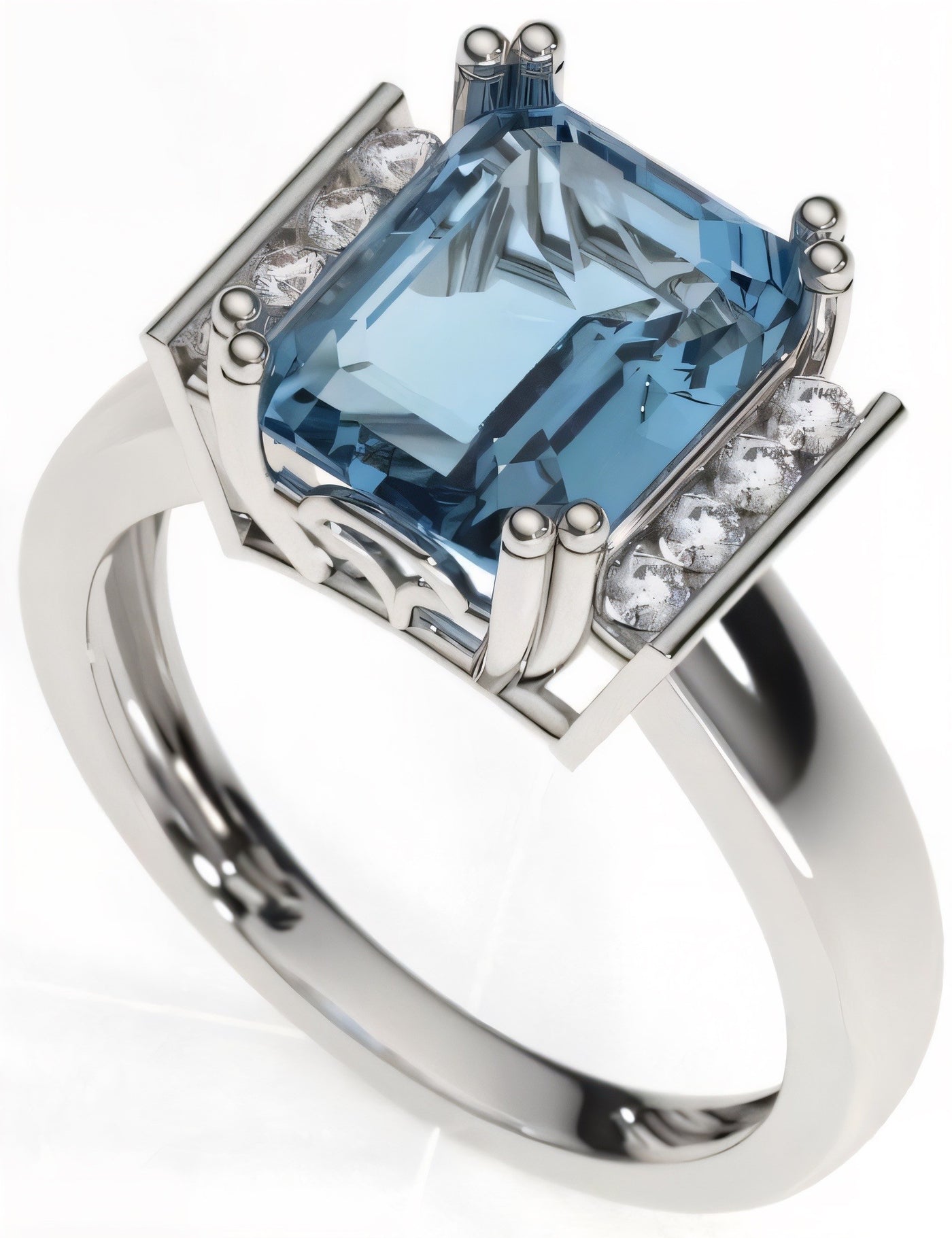 18 kw Dress R1+1 Emerald Cut Natural Swiss Blue Topaz & lab grown diamond Ring